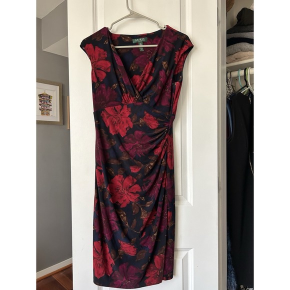 Lauren Ralph Lauren Dresses & Skirts - Lauren Ralph Lauren Ruched Waist Red Purple Jersey Social Sheath Dress Size 4